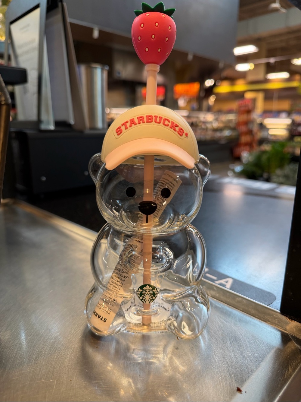 Starbucks Clear Bear Tumbler with Pink Straw and Strawberry Top